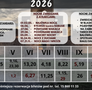 Harmonogram Zwiedzań Nocnych w sezonie turystycznym 2026